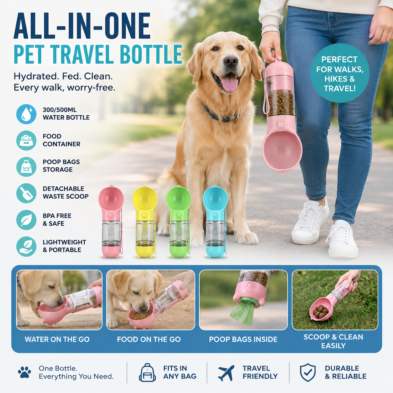 Portable Pet Water Bottle, Food Feeder & Garbage Bags
